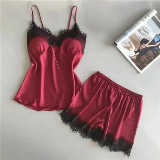 Pigiama da donna con scollo a V, 2 pezzi, canotta e pantaloncini, da casa, rosso nero, sexy, in pizzo, traspirante e confortevole - ITALYSALDI.IT