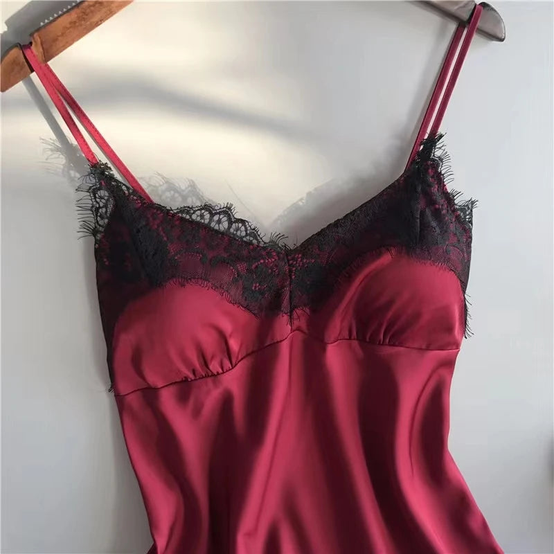 Pigiama da donna con scollo a V, 2 pezzi, canotta e pantaloncini, da casa, rosso nero, sexy, in pizzo, traspirante e confortevole - ITALYSALDI.IT