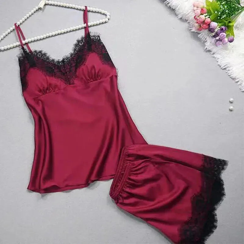 Pigiama da donna con scollo a V, 2 pezzi, canotta e pantaloncini, da casa, rosso nero, sexy, in pizzo, traspirante e confortevole - ITALYSALDI.IT
