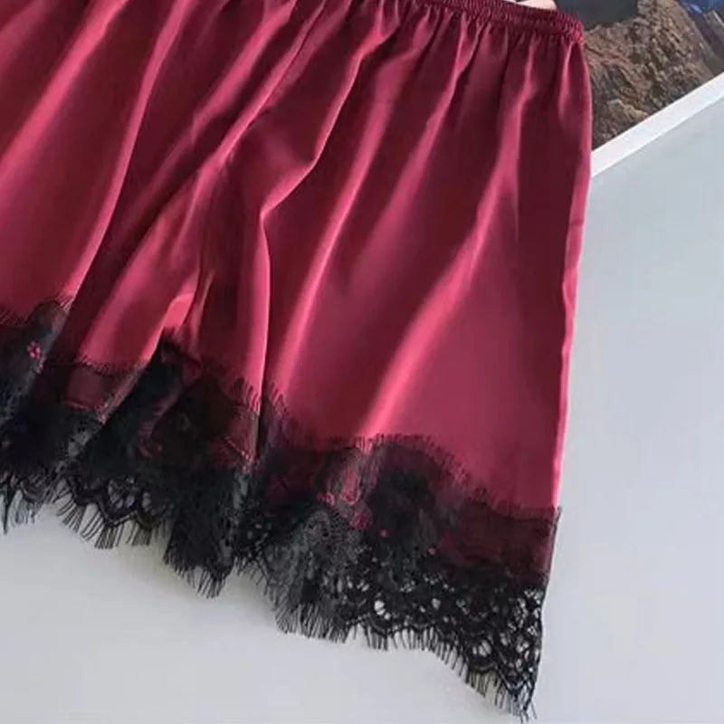 Pigiama da donna con scollo a V, 2 pezzi, canotta e pantaloncini, da casa, rosso nero, sexy, in pizzo, traspirante e confortevole - ITALYSALDI.IT